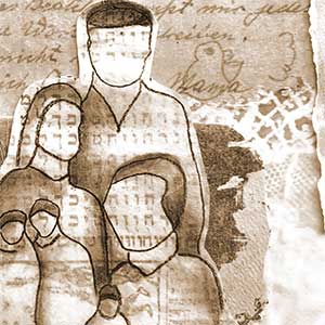 Collage by Shiri Phillips with a handwritten letter, Hebrew text, fabric, and line drawings of a Jewish family