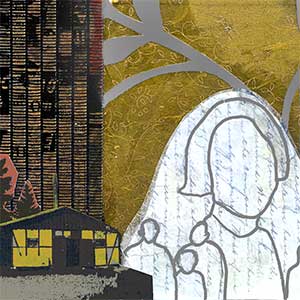 Collage by Shiri Phillips with handwritten letter, gold foil, bookshelf, silhouettes of building and flower, and line drawings of men and women