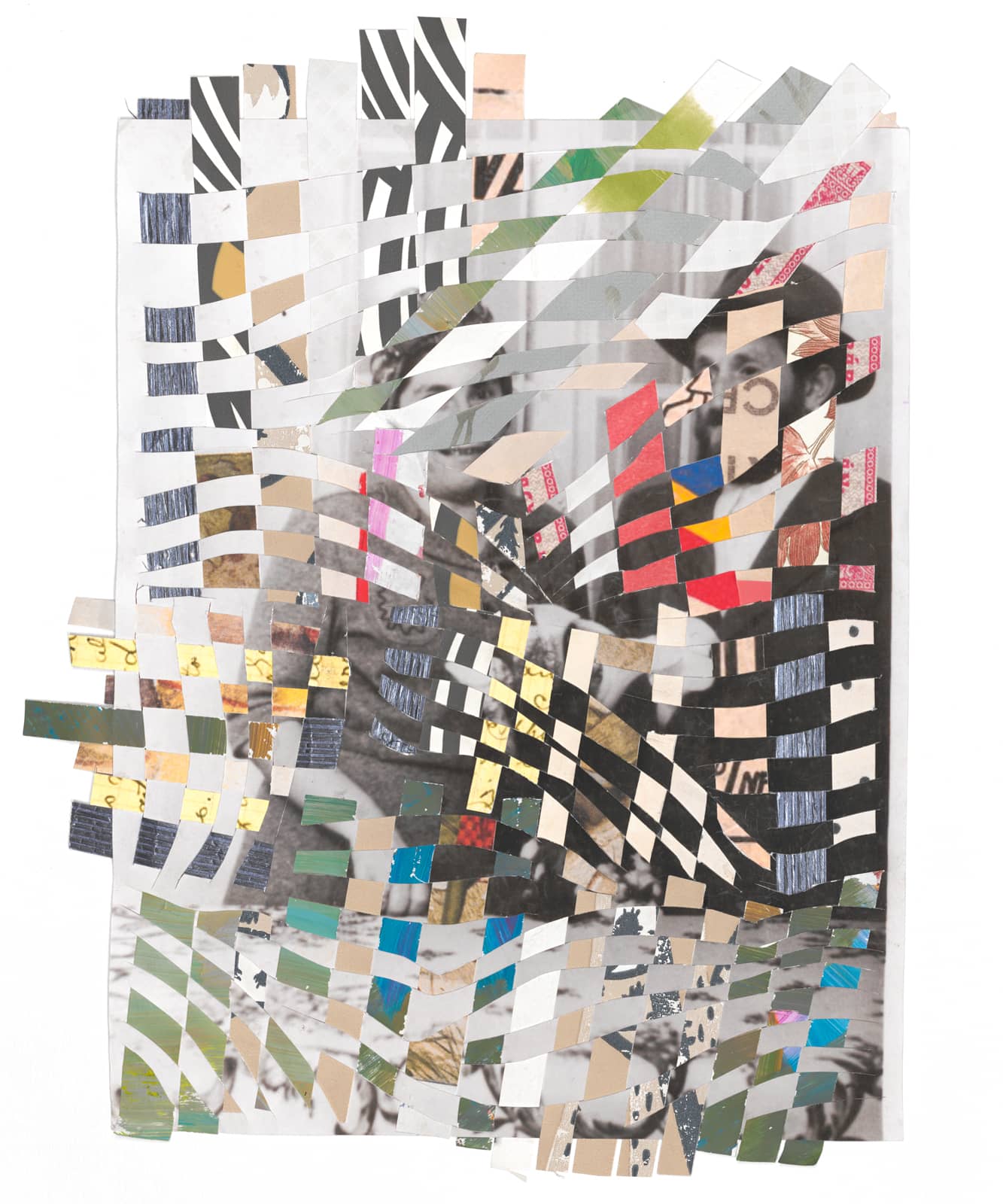 Artwork by Shiri Phillips with woven strips of paper, letters, and photographs