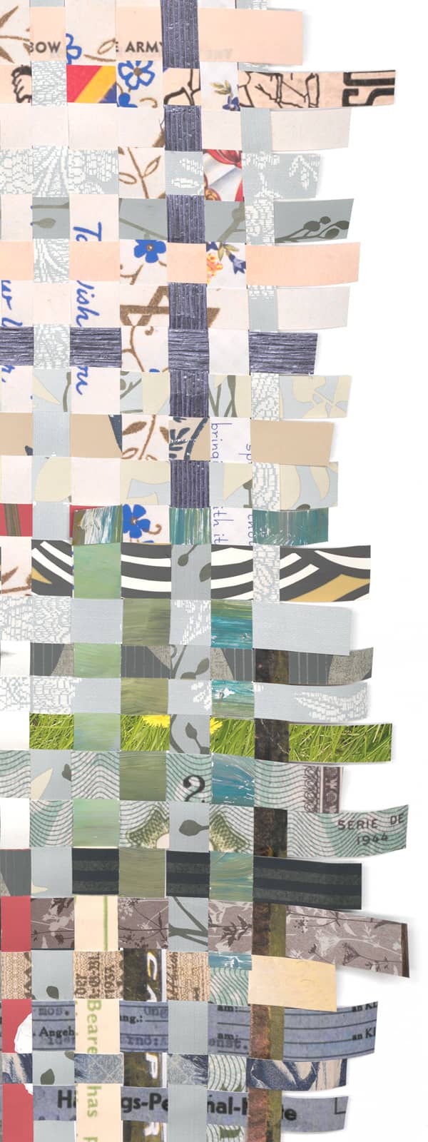 Artwork by Shiri Phillips with woven strips of paper, letters, and photographs