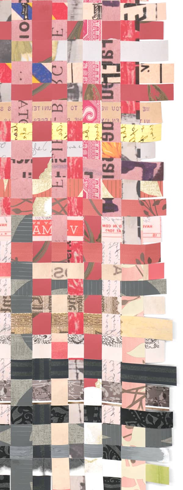 Artwork with woven strips of paper and photographs by Shiri Phillips