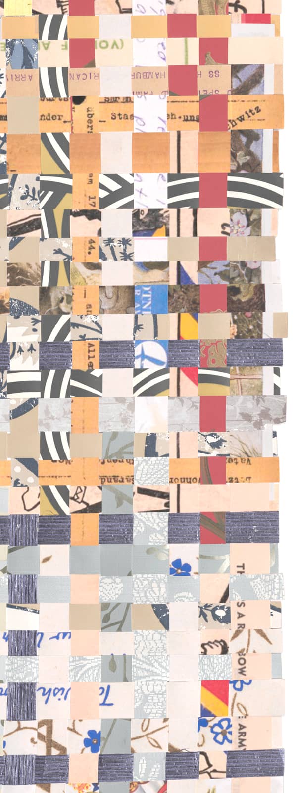 Artwork by Shiri Phillips with woven strips of paper, letters, and photographs