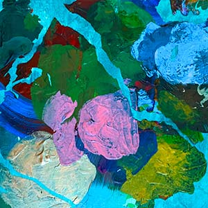Blue, green, red, pink, and cream acrylic painting by Shiri Phillips