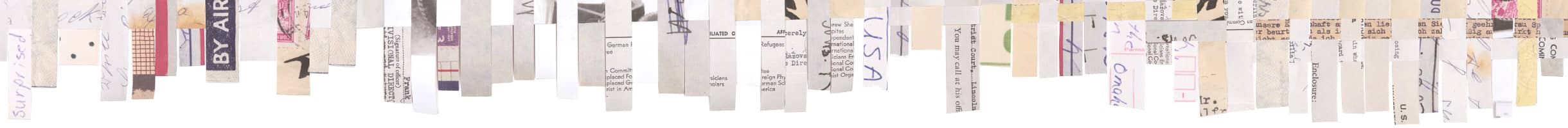 Artwork by Shiri Phillips with interwoven letters, envelopes, and other personal documents from Holocaust survivors and camp liberators