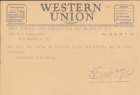 Telegram from Clarence Williams to Gretchen Williams, January 29, 1945