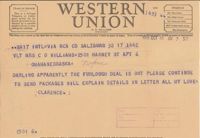 Telegram from Clarence Williams to Gretchen Williams, October 18, 1945