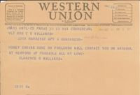 Telegram from Clarence Williams to Gretchen Williams, October 21, 1945